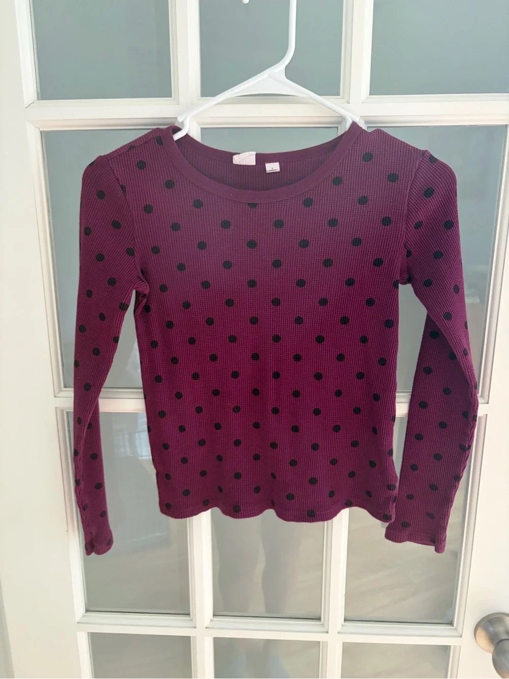 GAP Burgundy Long Sleeve Ribbed Top with Black Polka Dots